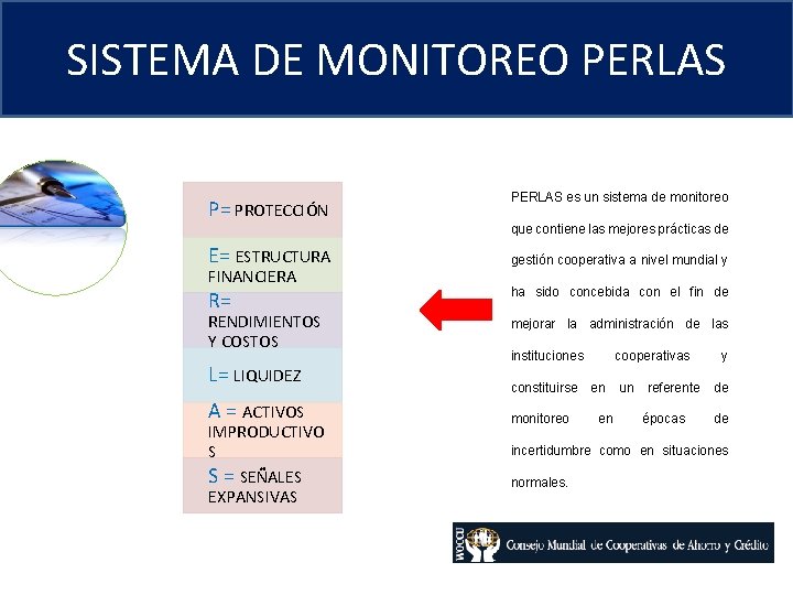 SISTEMA DE MONITOREO PERLAS P= PROTECCIÓN E= ESTRUCTURA FINANCIERA R= RENDIMIENTOS Y COSTOS L=