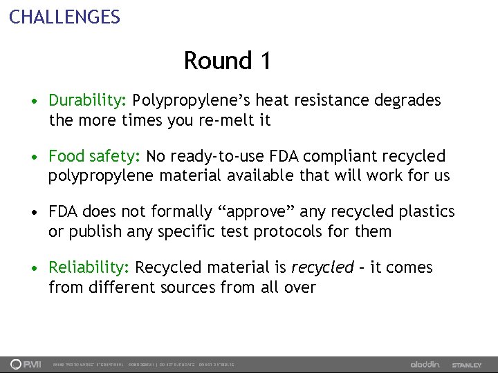 CHALLENGES Round 1 • Durability: Polypropylene’s heat resistance degrades the more times you re-melt