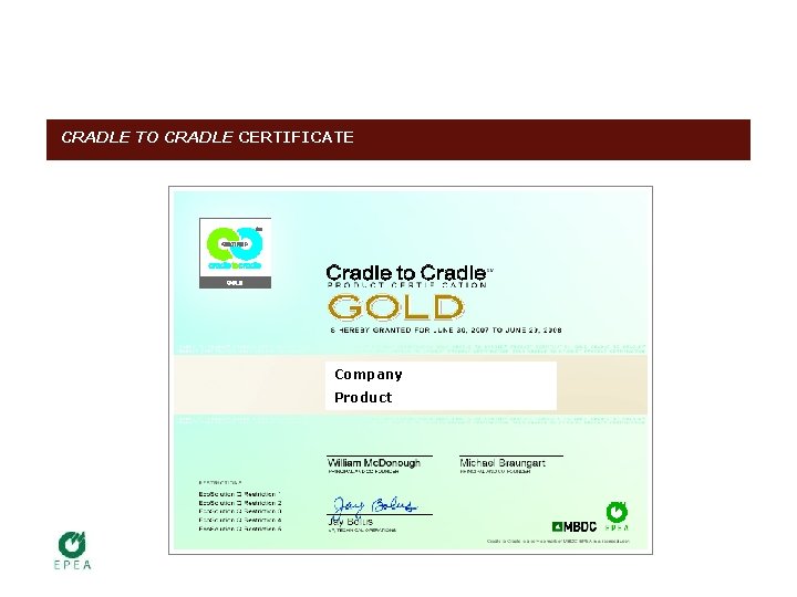 CRADLE TO CRADLE CERTIFICATE Company Product 