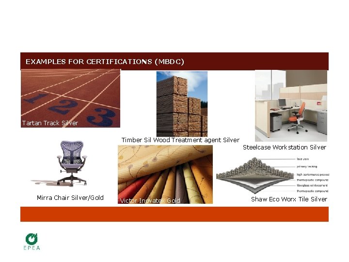 EXAMPLES FOR CERTIFICATIONS (MBDC) Tartan Track Silver Timber Sil Wood Treatment agent Silver Steelcase