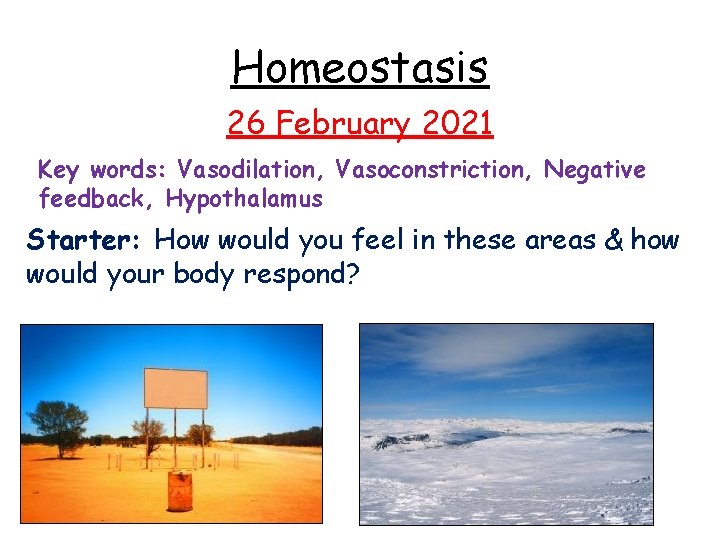 Homeostasis 26 February 2021 Key words: Vasodilation, Vasoconstriction, Negative feedback, Hypothalamus Starter: How would