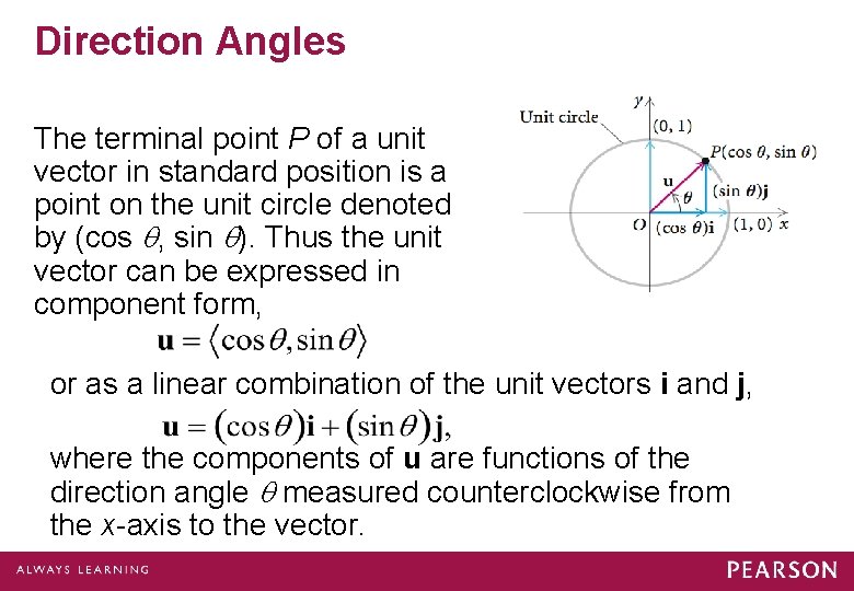 Direction Angles The terminal point P of a unit vector in standard position is