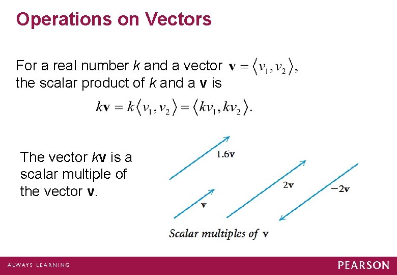 Operations on Vectors For a real number k and a vector the scalar product