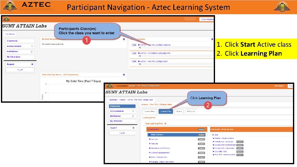 Participant Navigation - Aztec Learning System 1. Click Start Active class 2. Click Learning