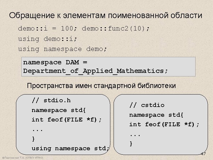 Обращение к элементам поименованной области demo: : i = 100; demo: : func 2(10);