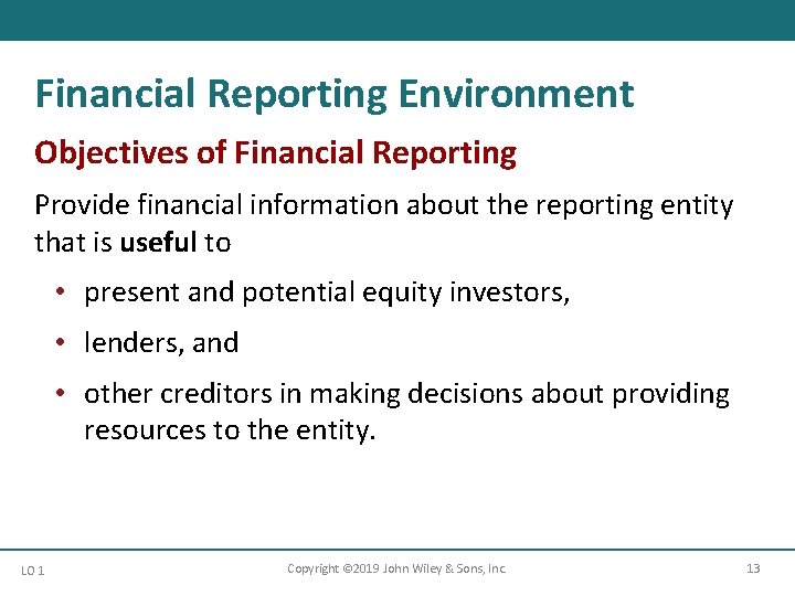 Financial Reporting Environment Objectives of Financial Reporting Provide financial information about the reporting entity