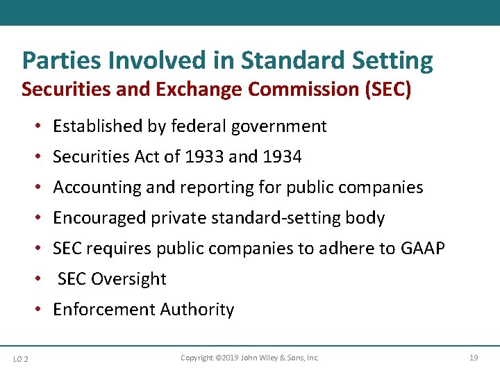 Parties Involved in Standard Setting Securities and Exchange Commission (SEC) • Established by federal
