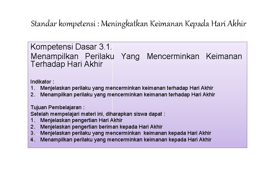 Standar kompetensi : Meningkatkan Keimanan Kepada Hari Akhir Kompetensi Dasar 3. 1. Menampilkan Perilaku