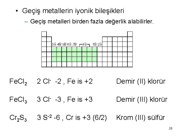  • Geçiş metallerin iyonik bileşikleri – Geçiş metalleri birden fazla değerlik alabilirler. Fe.