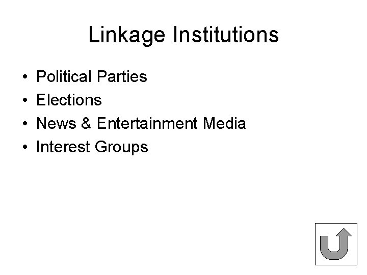 Linkage Institutions • • Political Parties Elections News & Entertainment Media Interest Groups 