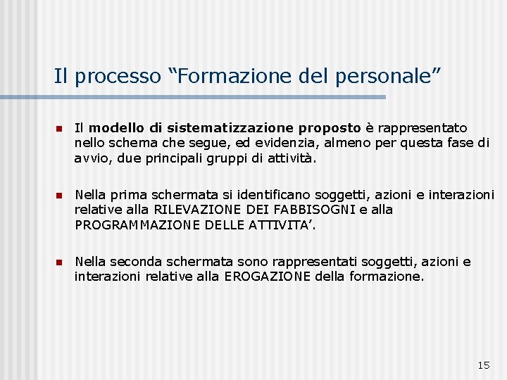 Il processo “Formazione del personale” n Il modello di sistematizzazione proposto è rappresentato nello
