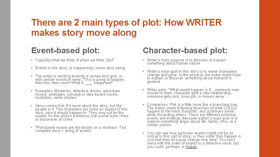 There are 2 main types of plot: How WRITER makes story move along Event-based