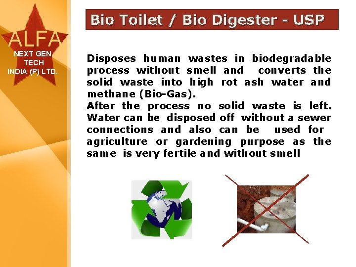 ALFA NEXT GEN TECH INDIA (P) LTD. Bio Toilet / Bio Digester - USP