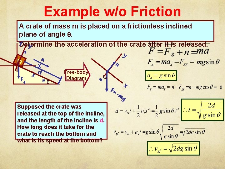 Example w/o Friction A crate of mass m is placed on a frictionless inclined