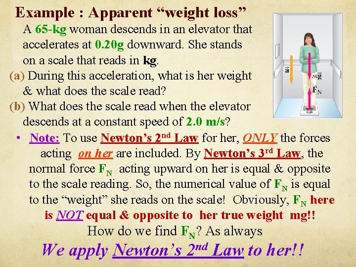 Example : Apparent “weight loss” A 65 -kg woman descends in an elevator that