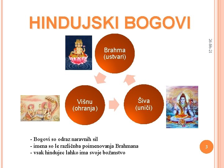 HINDUJSKI BOGOVI 26 -feb-21 Brahma (ustvari) Višnu (ohranja) Šiva (uniči) - Bogovi so odraz