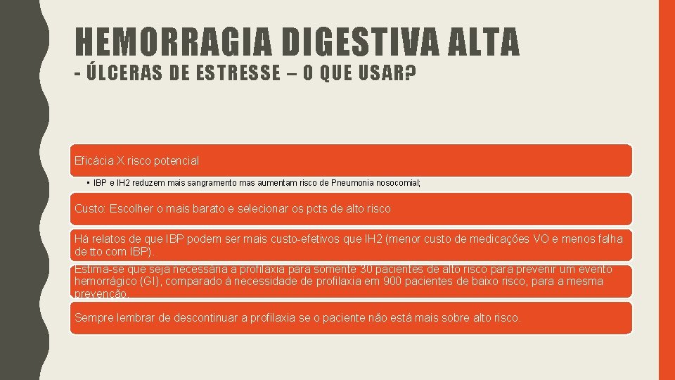 HEMORRAGIA DIGESTIVA ALTA - ÚLCERAS DE ESTRESSE – O QUE USAR? Eficácia X risco HEMORRAGIA DIGESTIVA ALTA - ÚLCERAS DE ESTRESSE – O QUE USAR? Eficácia X risco