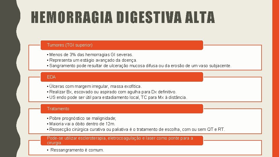 HEMORRAGIA DIGESTIVA ALTA Tumores (TGI superior) • Menos de 3% das hemorragias GI severas. HEMORRAGIA DIGESTIVA ALTA Tumores (TGI superior) • Menos de 3% das hemorragias GI severas.