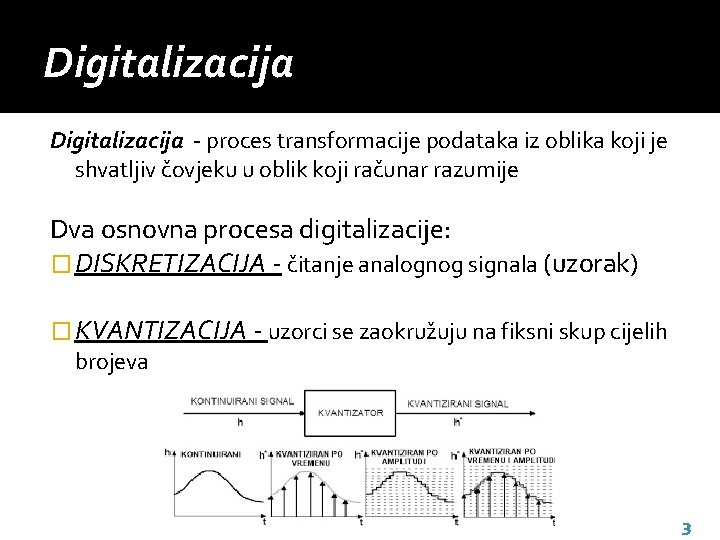 Digitalizacija - proces transformacije podataka iz oblika koji je shvatljiv čovjeku u oblik koji