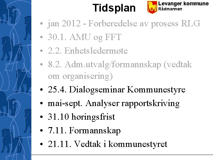 Tidsplan • • • Levanger kommune Rådmannen jan 2012 - Forberedelse av prosess RLG