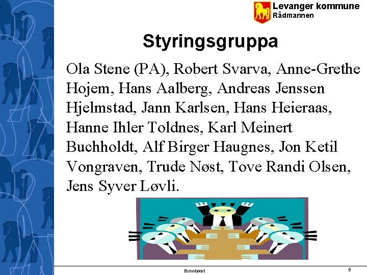 Levanger kommune Rådmannen Styringsgruppa Ola Stene (PA), Robert Svarva, Anne-Grethe Hojem, Hans Aalberg, Andreas