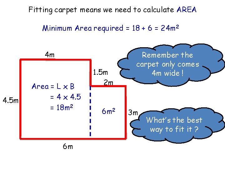 Fitting carpet means we need to calculate AREA Minimum Area required = 18 +