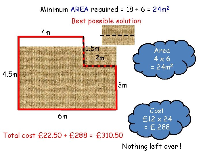 Minimum AREA required = 18 + 6 = 24 m 2 Best possible solution