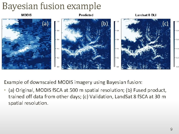 Bayesian fusion example (a) (b) (c) Example of downscaled MODIS imagery using Bayesian fusion: