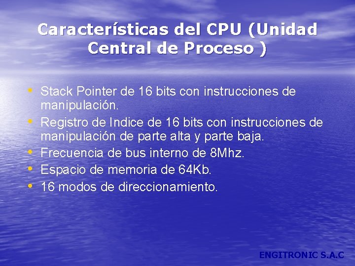 Características del CPU (Unidad Central de Proceso ) • Stack Pointer de 16 bits