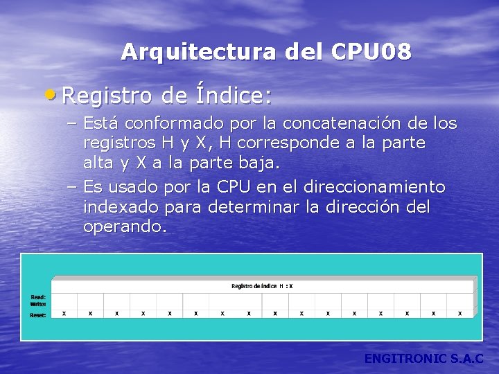 Arquitectura del CPU 08 • Registro de Índice: – Está conformado por la concatenación
