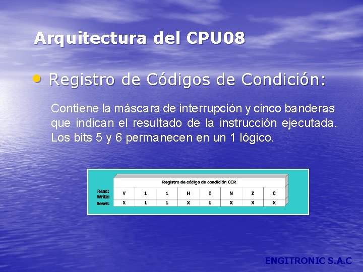 Arquitectura del CPU 08 • Registro de Códigos de Condición: Contiene la máscara de
