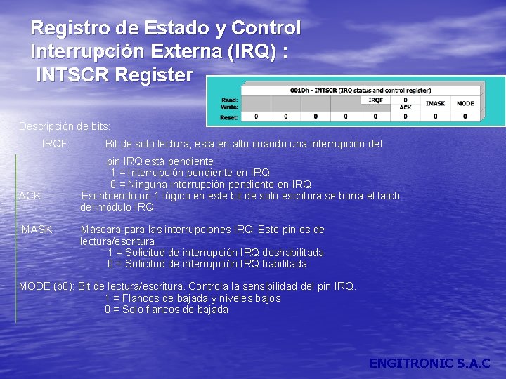 Registro de Estado y Control Interrupción Externa (IRQ) : INTSCR Register Descripción de bits: