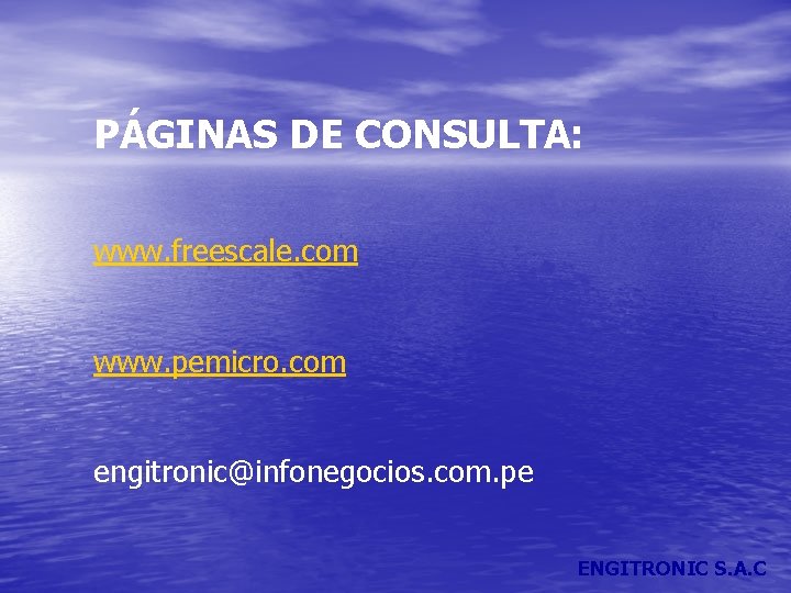PÁGINAS DE CONSULTA: www. freescale. com www. pemicro. com engitronic@infonegocios. com. pe ENGITRONIC S.