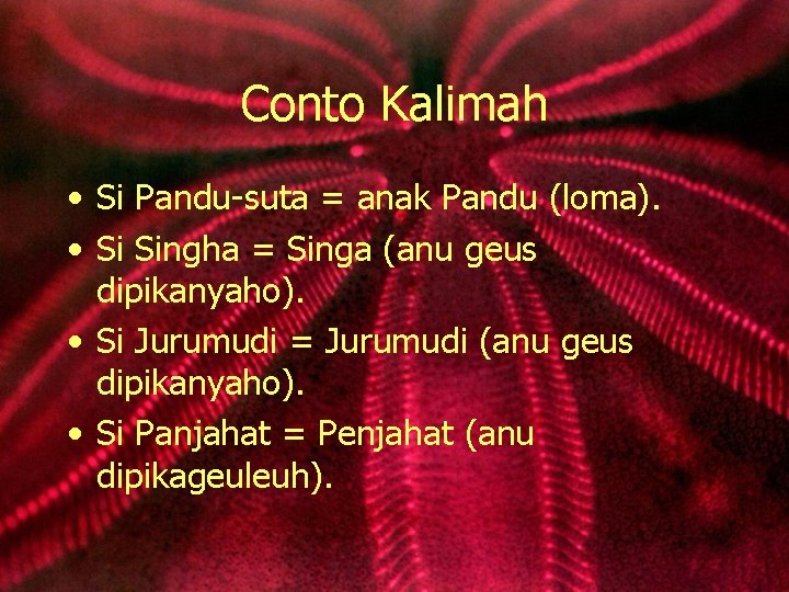 Conto Kalimah • Si Pandu-suta = anak Pandu (loma). • Si Singha = Singa