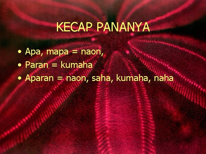 KECAP PANANYA • Apa, mapa = naon, • Paran = kumaha • Aparan =