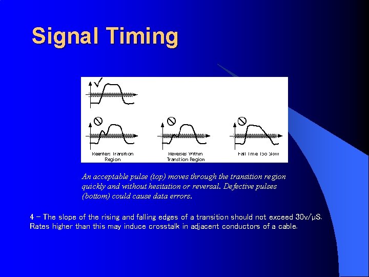 Signal Timing An acceptable pulse (top) moves through the transition region quickly and without