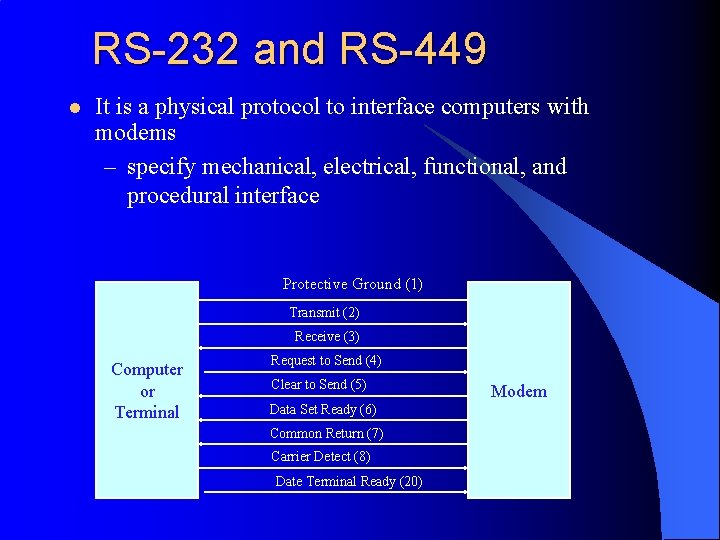 RS-232 and RS-449 l It is a physical protocol to interface computers with modems