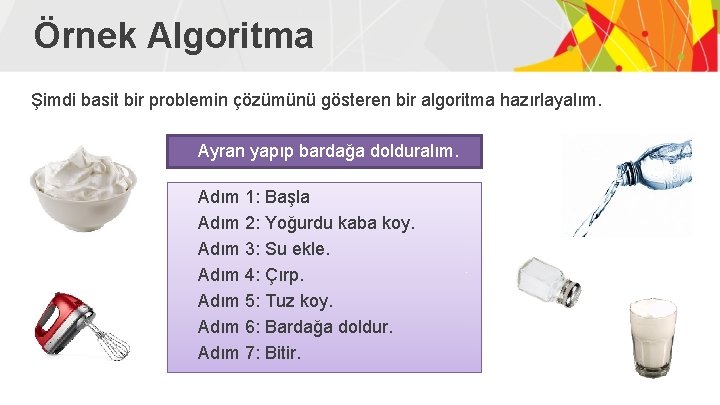 Örnek Algoritma Şimdi basit bir problemin çözümünü gösteren bir algoritma hazırlayalım. Ayran yapıp bardağa