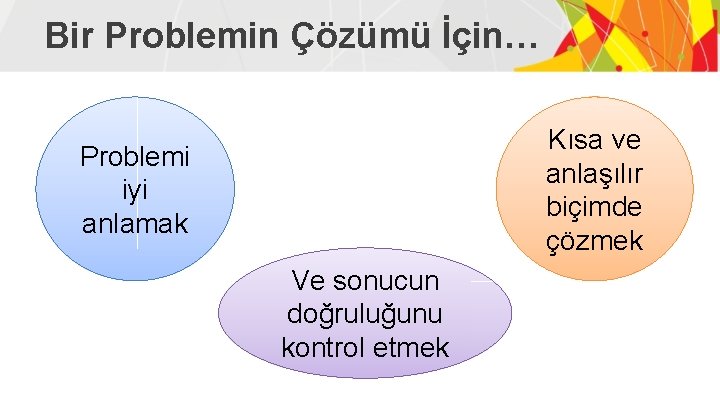 Bir Problemin Çözümü İçin… Kısa ve anlaşılır biçimde çözmek Problemi iyi anlamak Ve sonucun