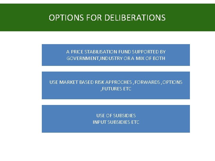 OPTIONS FOR DELIBERATIONS A PRICE STABILISATION FUND SUPPORTED BY GOVERNMENT, INDUSTRY OR A MIX OPTIONS FOR DELIBERATIONS A PRICE STABILISATION FUND SUPPORTED BY GOVERNMENT, INDUSTRY OR A MIX