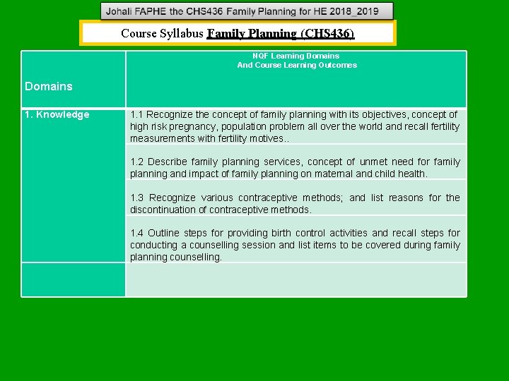 Course Syllabus Family Planning (CHS 436) NQF Learning Domains And Course Learning Outcomes Domains Course Syllabus Family Planning (CHS 436) NQF Learning Domains And Course Learning Outcomes Domains
