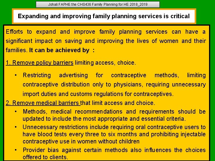 Johali FAPHE the CHS 436 Family Planning for HE 2018_2019 Expanding and improving family Johali FAPHE the CHS 436 Family Planning for HE 2018_2019 Expanding and improving family