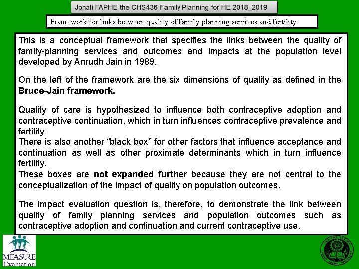 Framework for links between quality of family planning services and fertility This is a Framework for links between quality of family planning services and fertility This is a
