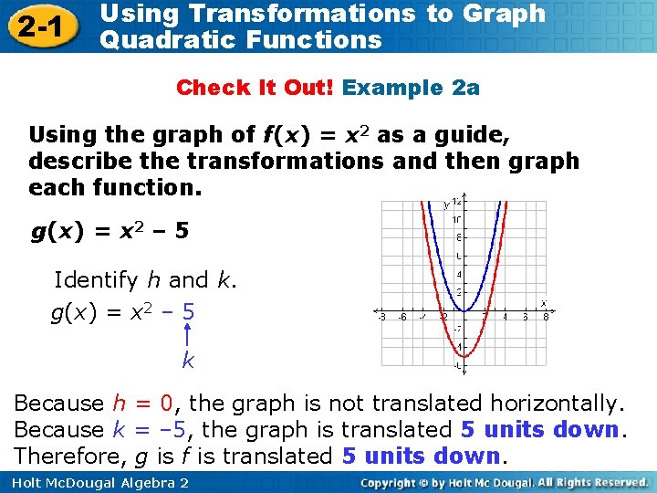 2 -1 Using Transformations to Graph Quadratic Functions Check It Out! Example 2 a