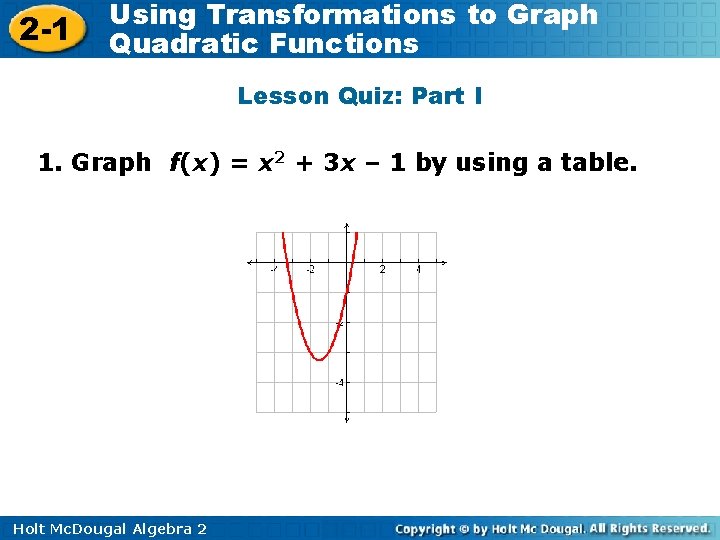 2 -1 Using Transformations to Graph Quadratic Functions Lesson Quiz: Part I 1. Graph