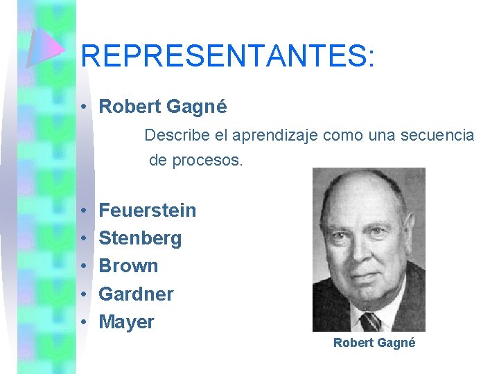 REPRESENTANTES: • Robert Gagné Describe el aprendizaje como una secuencia de procesos. • •