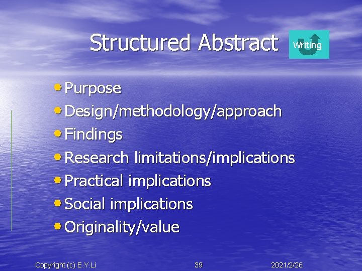 Structured Abstract Writing • Purpose • Design/methodology/approach • Findings • Research limitations/implications • Practical