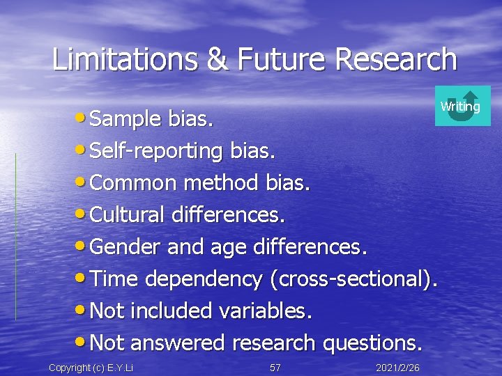 Limitations & Future Research • Sample bias. • Self-reporting bias. • Common method bias.