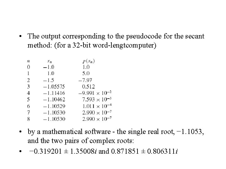  • The output corresponding to the pseudocode for the secant method: (for a
