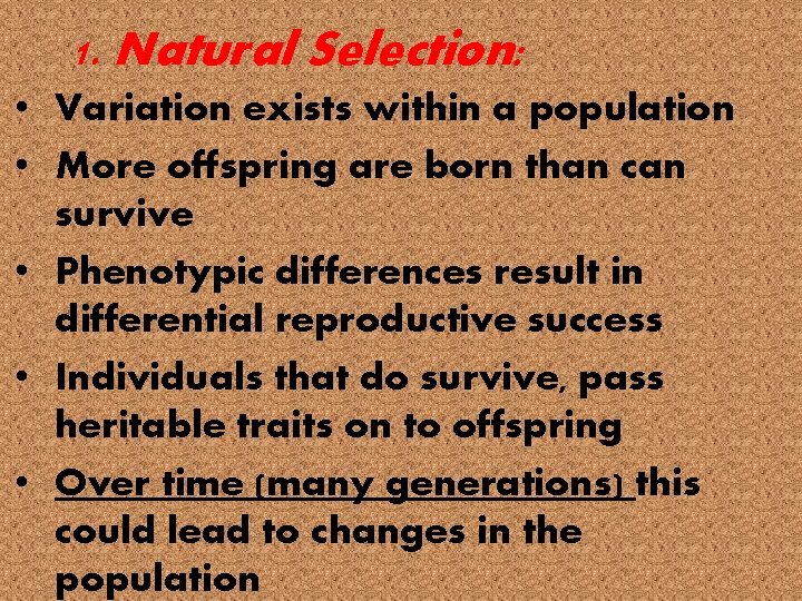 1. Natural Selection: • Variation exists within a population • More offspring are born